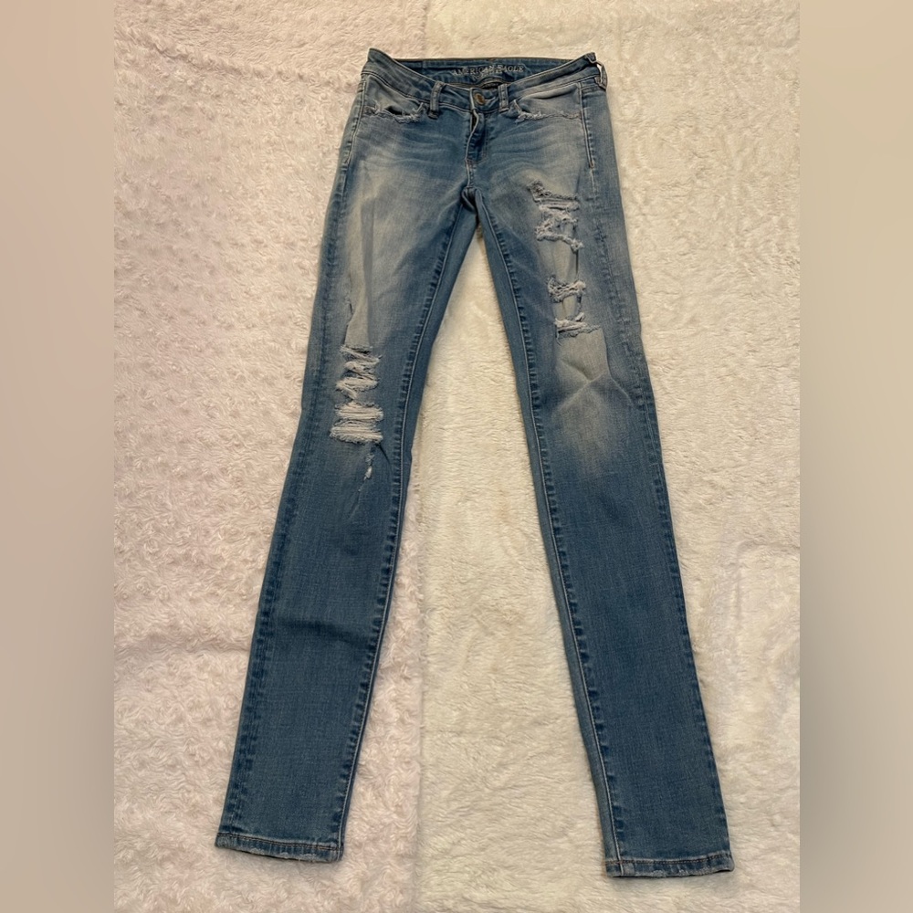 American Eagle low waisted skinny Jean(with rips!), Size:2(X-long), Color:Blue